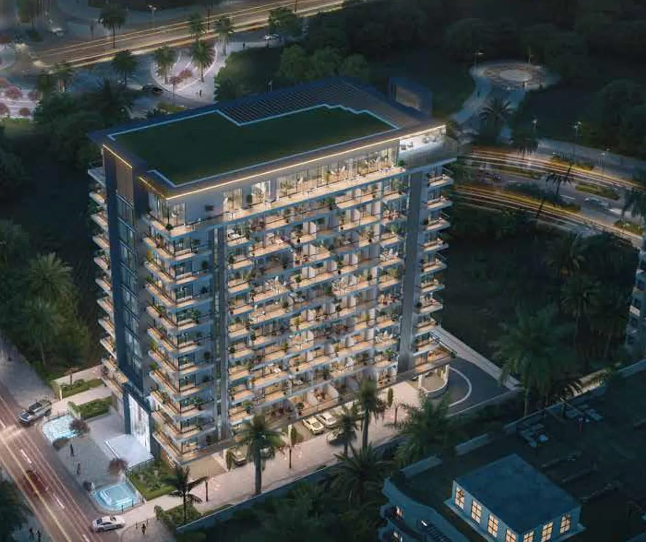 An aerial view of the eleven-storey building, its planted rooftop level and pool deck visible from above