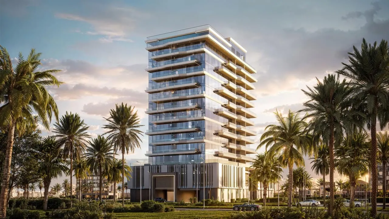Sea Legend One at dusk, cantilevered balconies stacked above a fluted podium, palms along the road in front