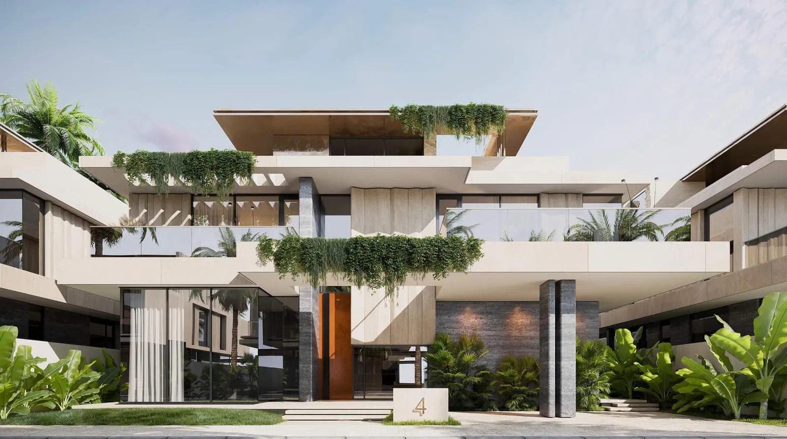 The front elevation of a Bentley Home villa, planted upper terraces above a timber soffit