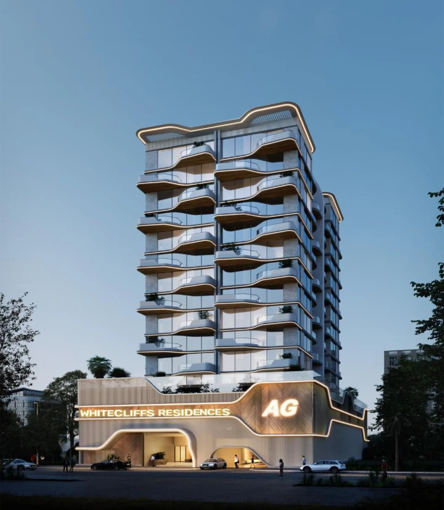 Close-up view of the facade, showing its curved balconies and landscaped base