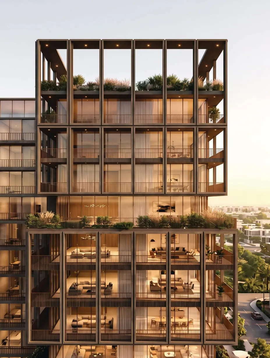 The facade from the front, double-height living rooms behind the bronze grid and planting along every setback