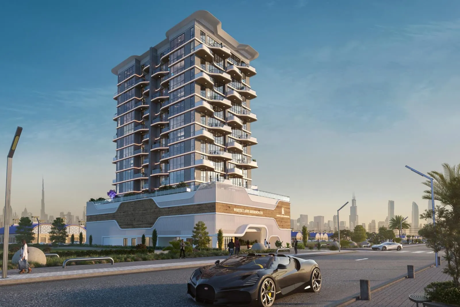 Whitecliffs Residences tower viewed from the street at daytime, with the Dubai skyline in the background