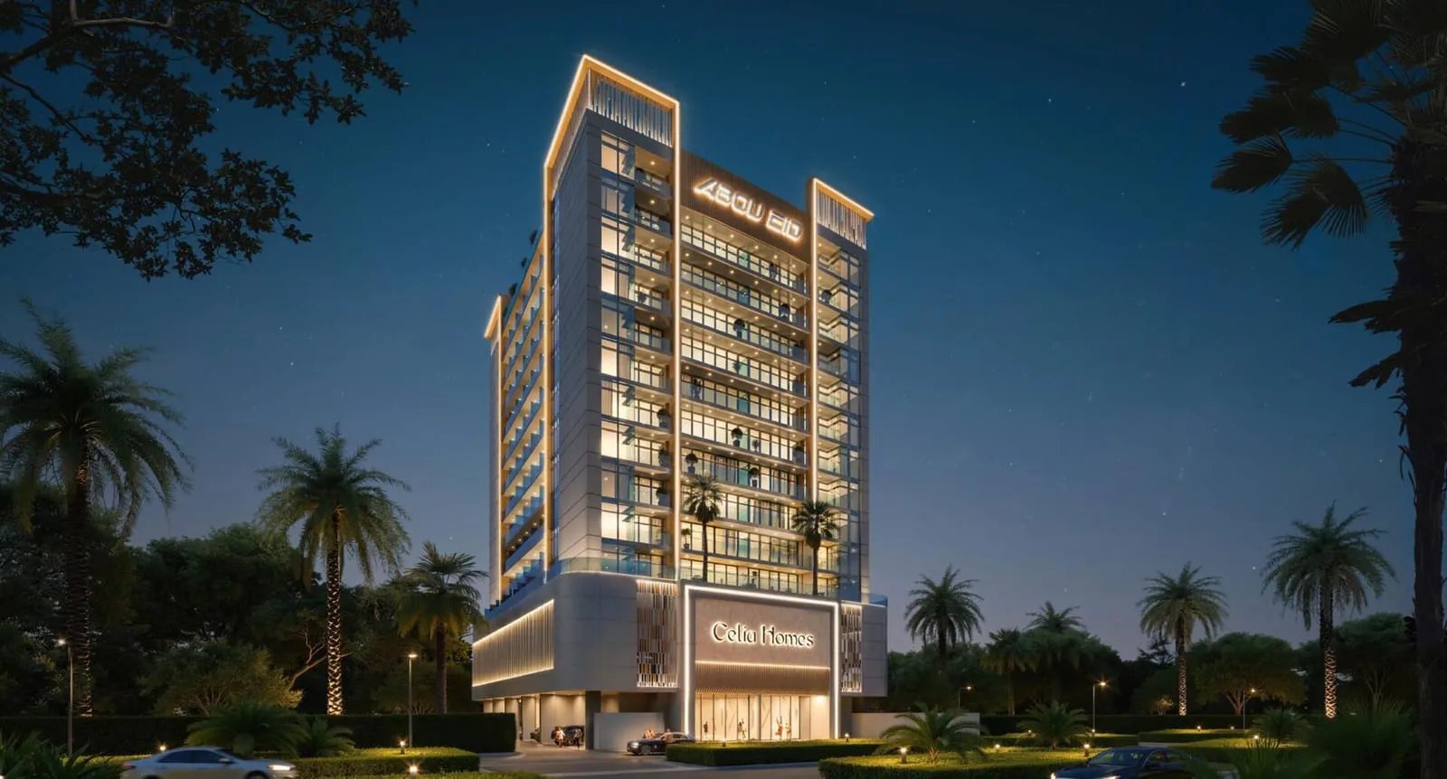 The tower after dark, its balcony lines and podium entrance lit against a deep blue sky