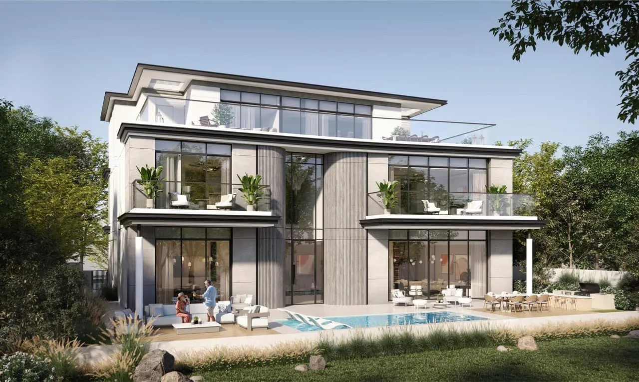 A Karl Lagerfeld villa beside its private pool, a sculptural roof over the terrace