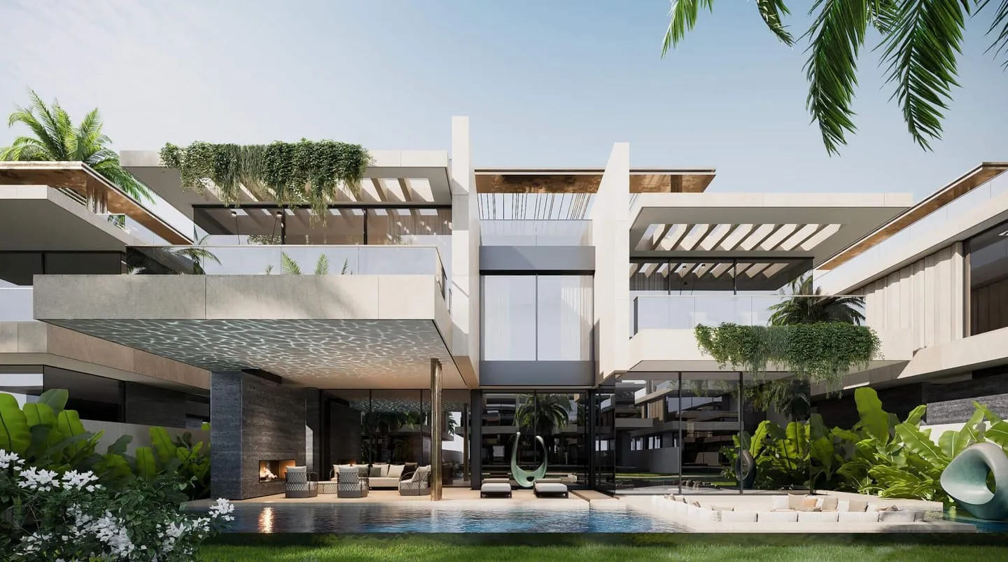 A Bentley Home villa beside its pool, a timber pergola shading the terrace