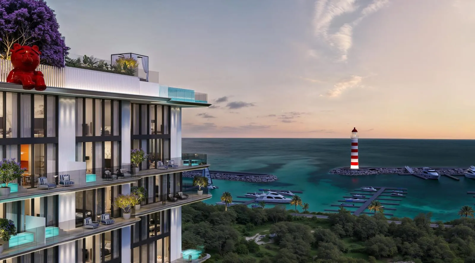 The building's sea-facing side, with the water and the striped marina lighthouse behind it
