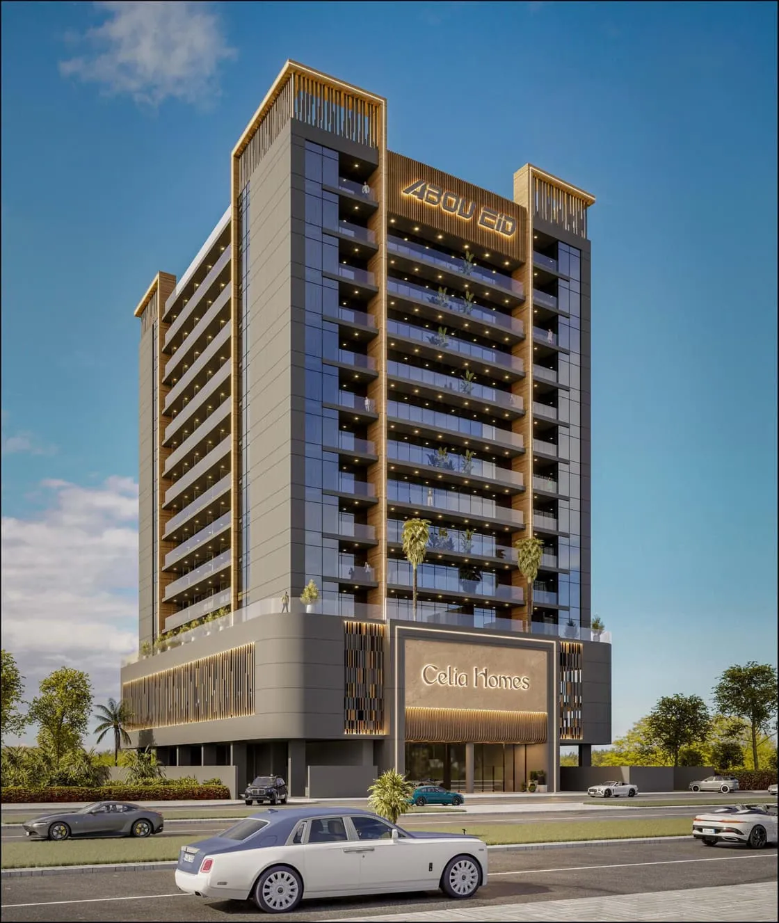 The building seen head-on from the street, its dark glazed facade set on a signed podium beneath a bright sky