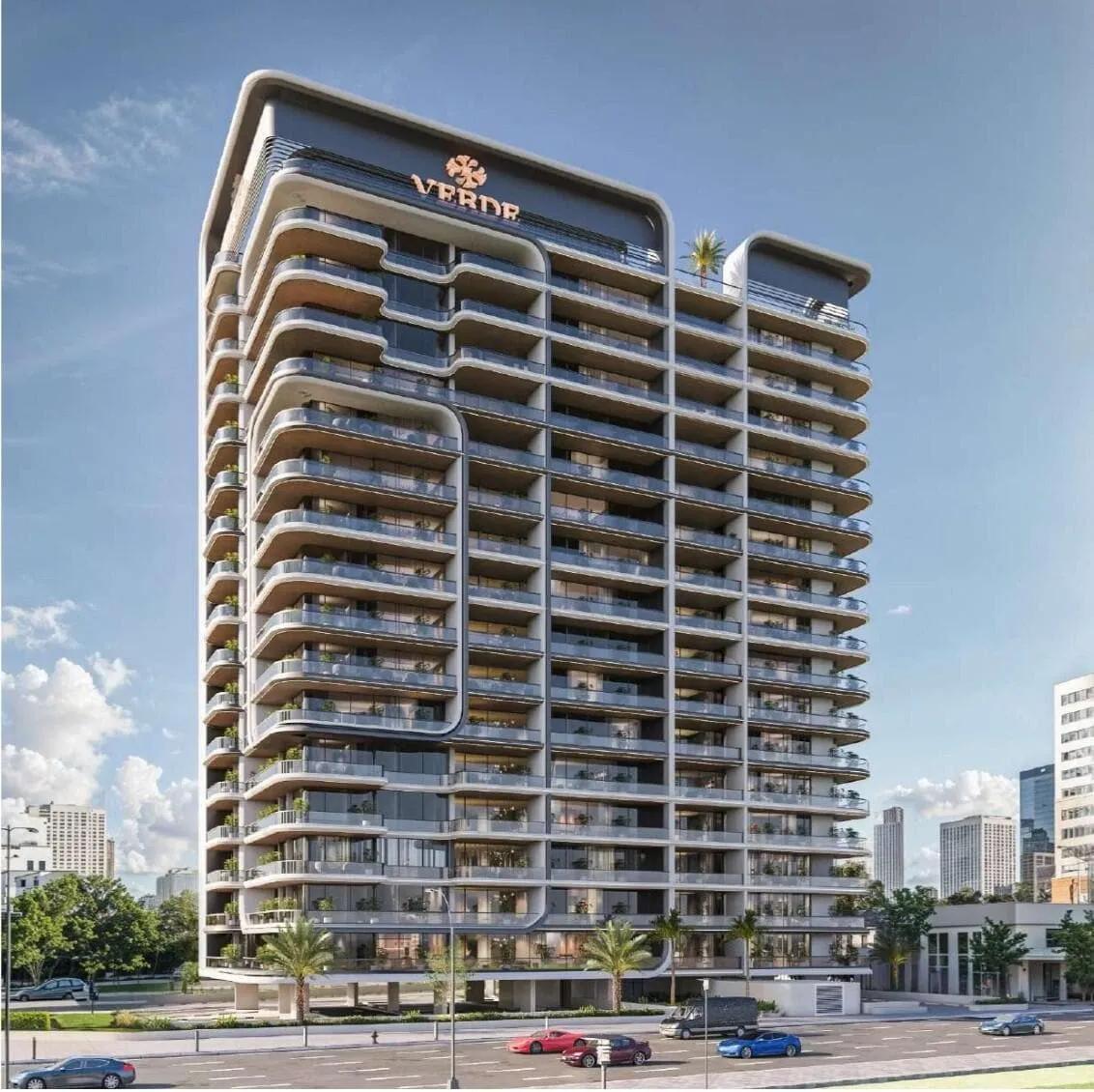Verde by Vision from the street, rounded balcony bands stacked up the facade under a lit VERDE crown sign