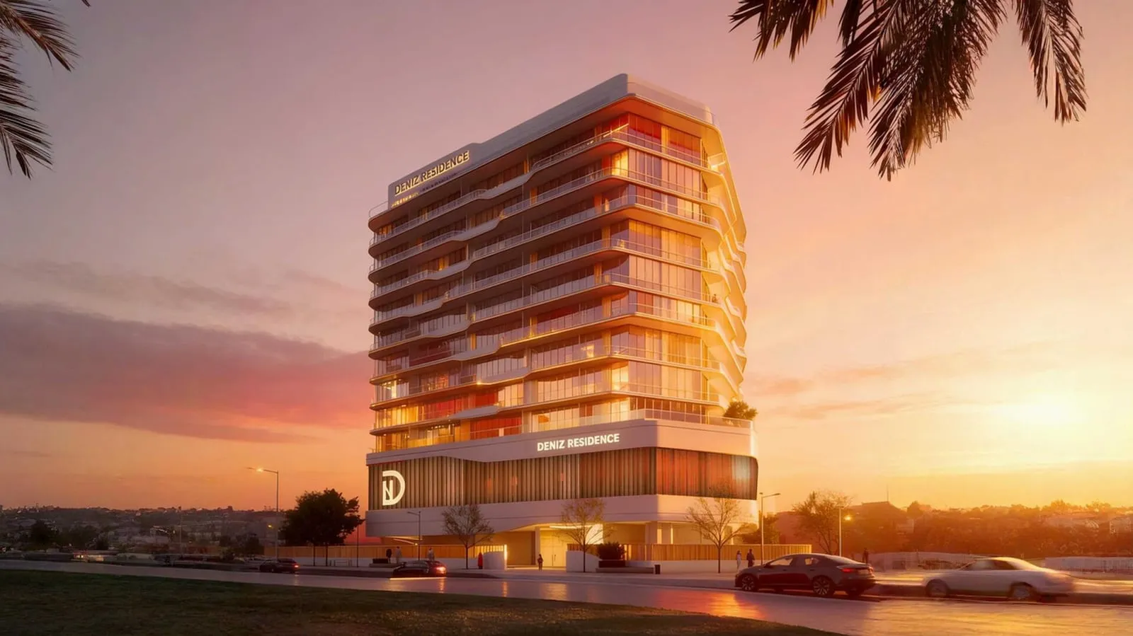 09 Life Residences at sunset, its curved white balcony bands and lit podium signage seen from the road
