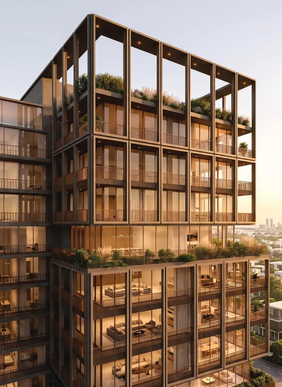 The upper volumes at sunset, planted terraces set back on each step and living rooms lit behind the frame