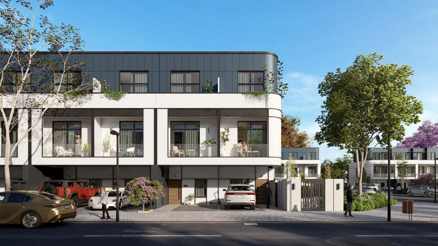 A long Taormina Village townhouse terrace behind mature trees on a quiet residential street