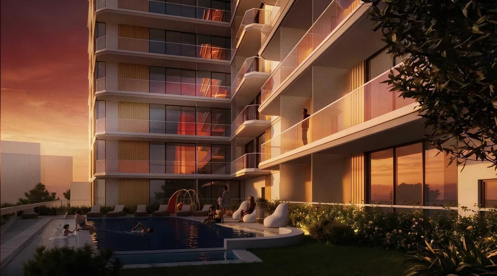 The balconied facade seen from the garden, its glazed ground floor open to the pool deck below