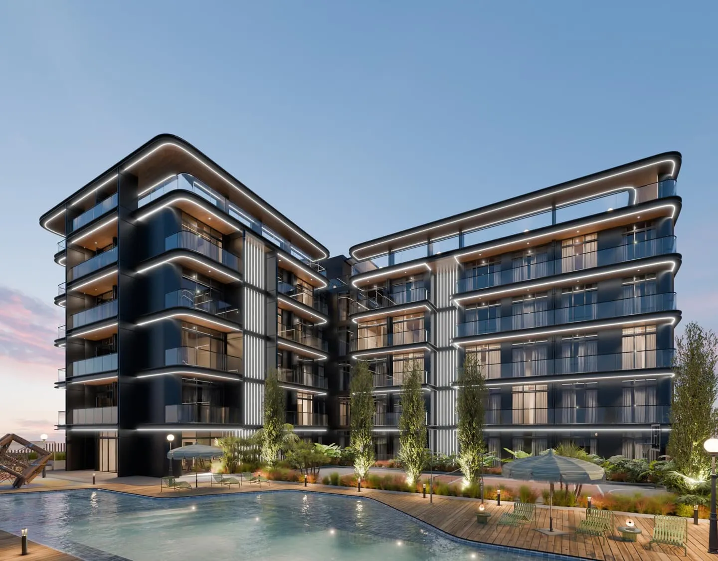 Opal by Crystal's sleek facade rising above a landscaped pool terrace in Jumeirah Village Circle.