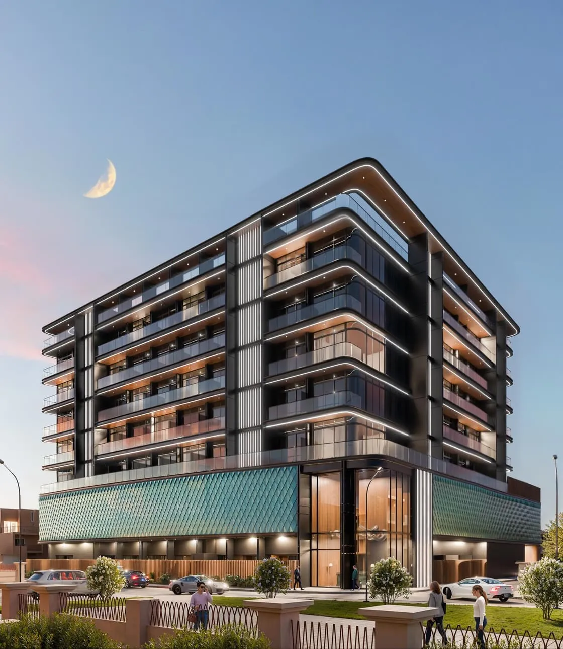 Opal by Crystal glowing at dusk, its layered balconies lit against the evening sky.