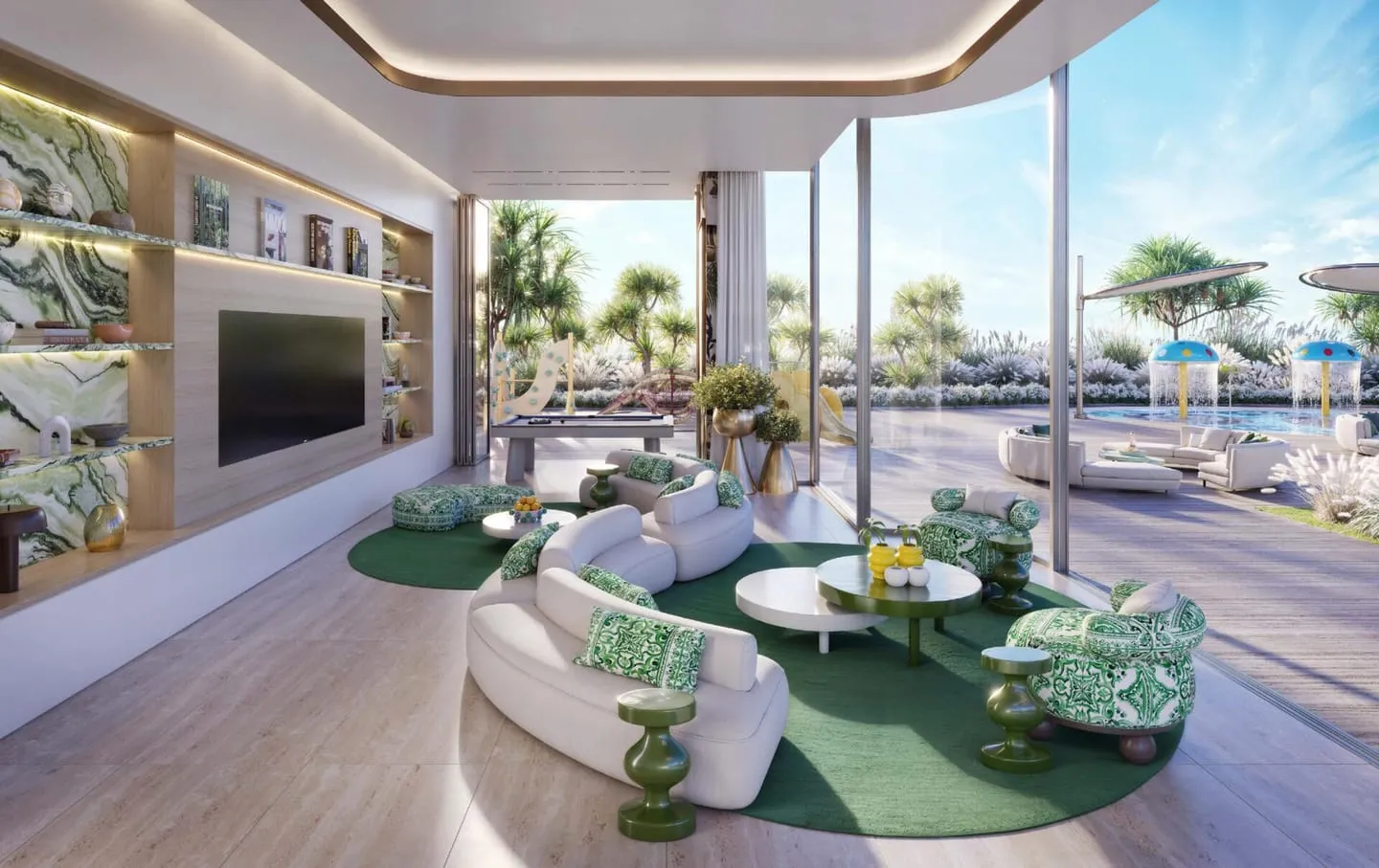 A family lounge with a screen wall and green stone shelving, opening onto the pool deck