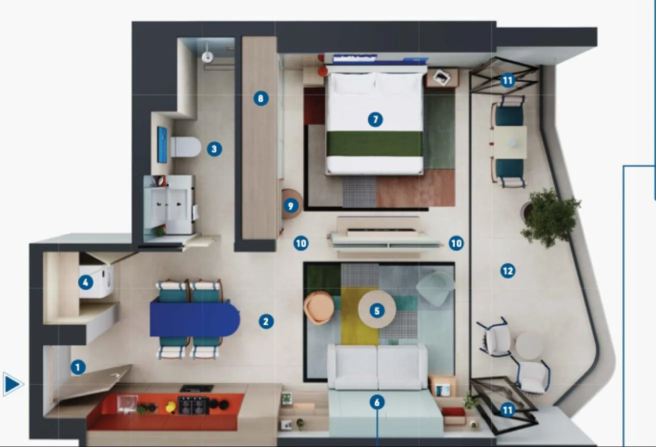 Floor plan of the one-bedroom layout, furnished, with the kitchen, dining table, bathroom, bedroom and a long balcony