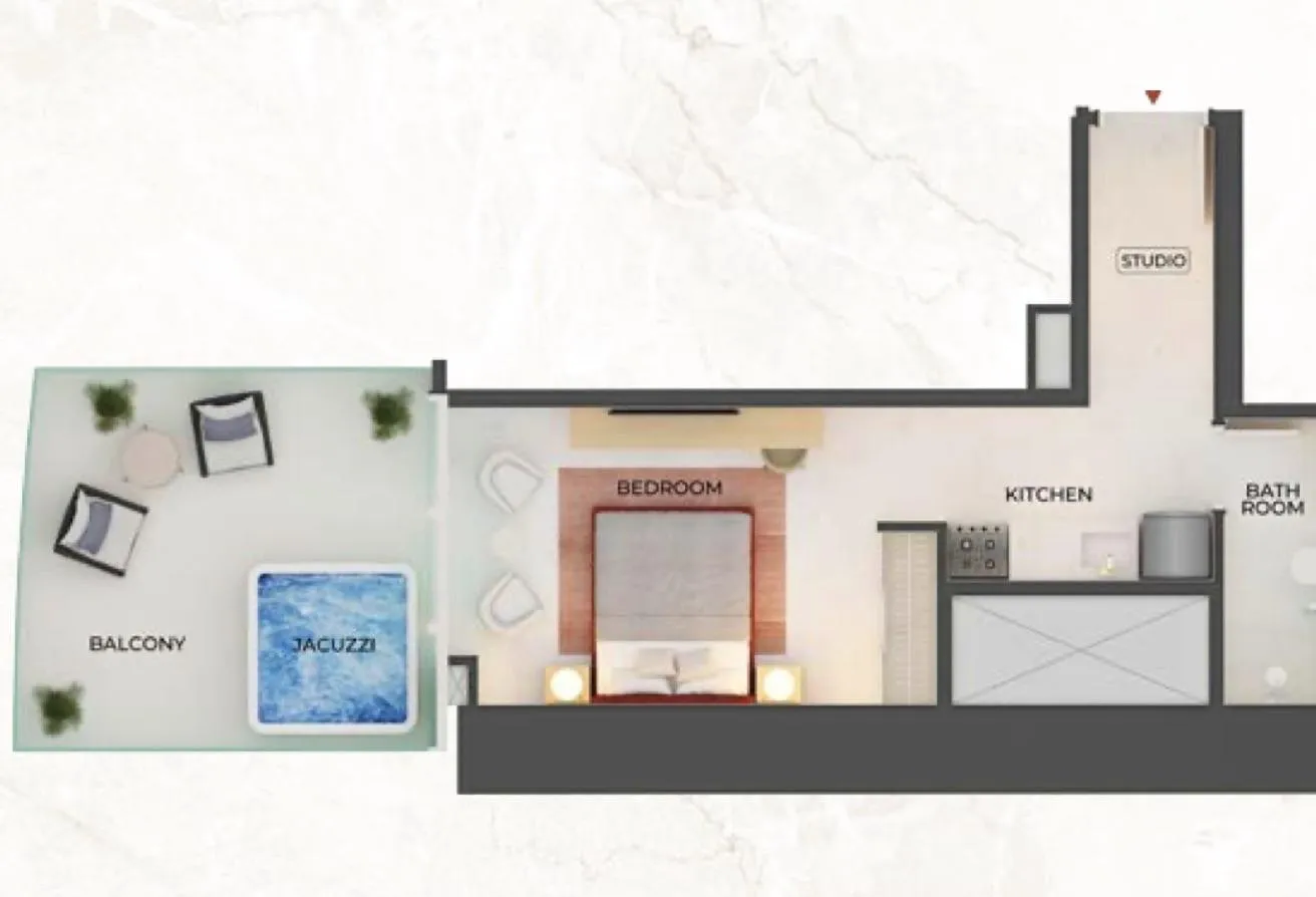 Floor plan of the studio, with the sleeping area, kitchen, bathroom and a balcony holding a jacuzzi