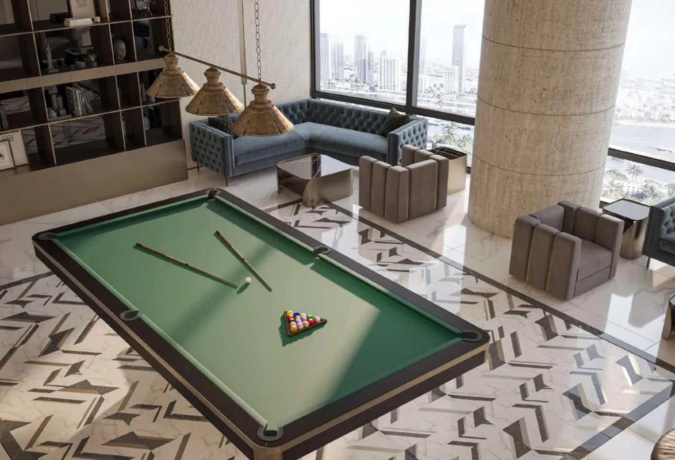 Render of a games lounge with a billiard table and a view of the city