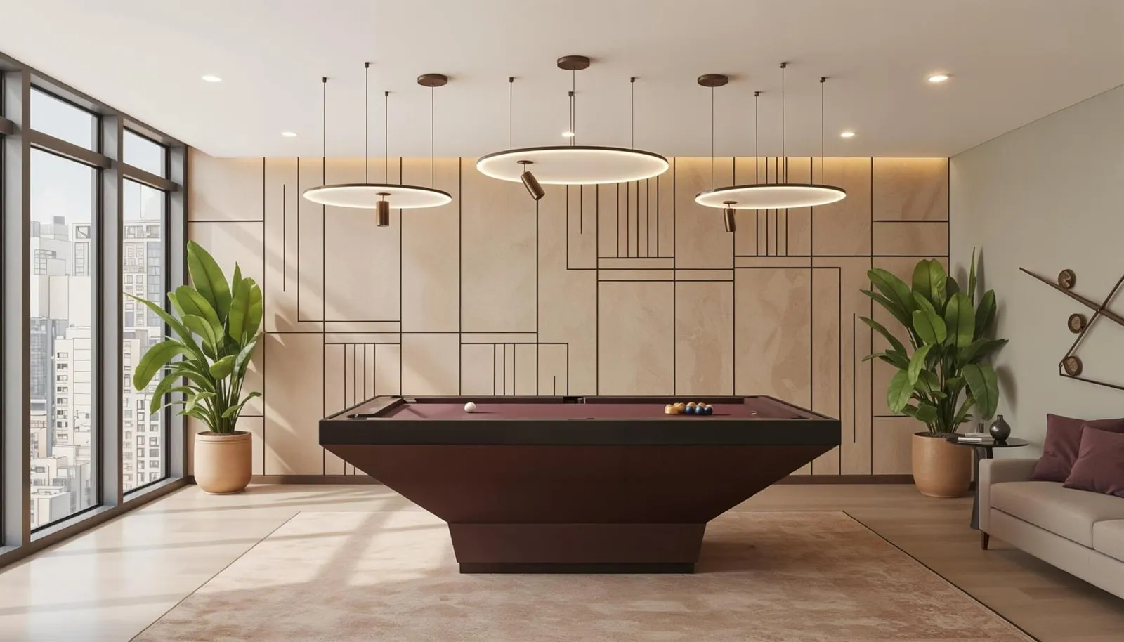 A games room with a billiard table beneath a row of pendant lights