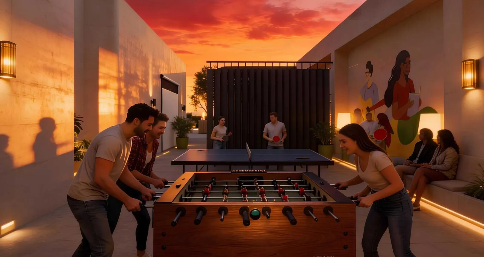 A games terrace at sunset, residents gathered around a foosball table
