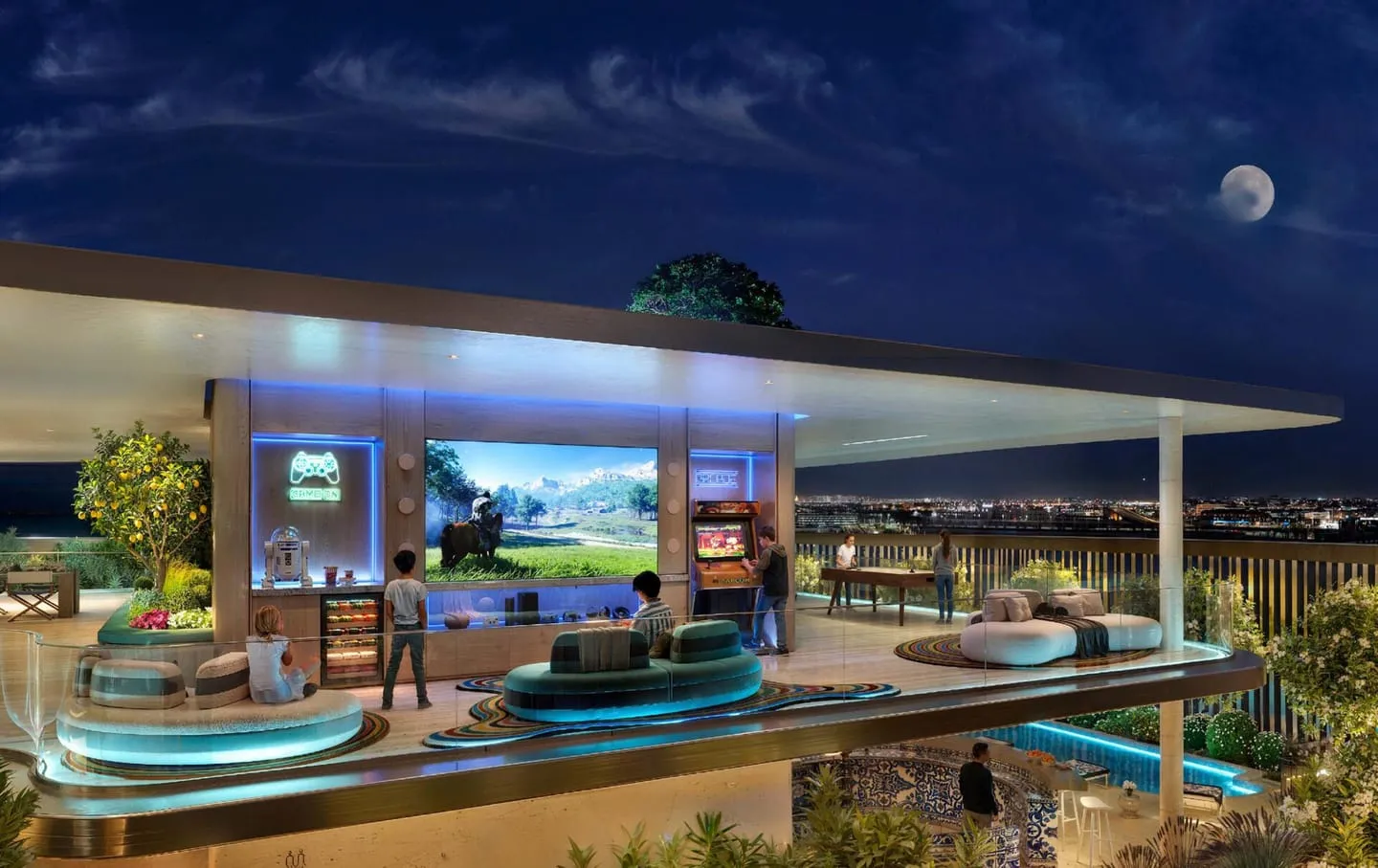A rooftop games pavilion at night, a large screen and arcade cabinets under a lit canopy