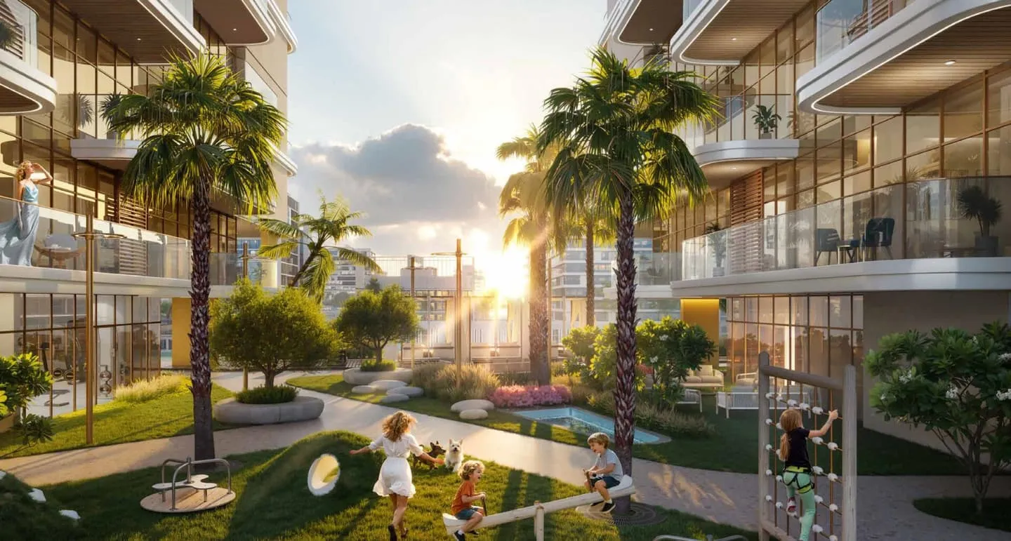 A garden path at sunset, children playing beside a water feature with palms along the walk