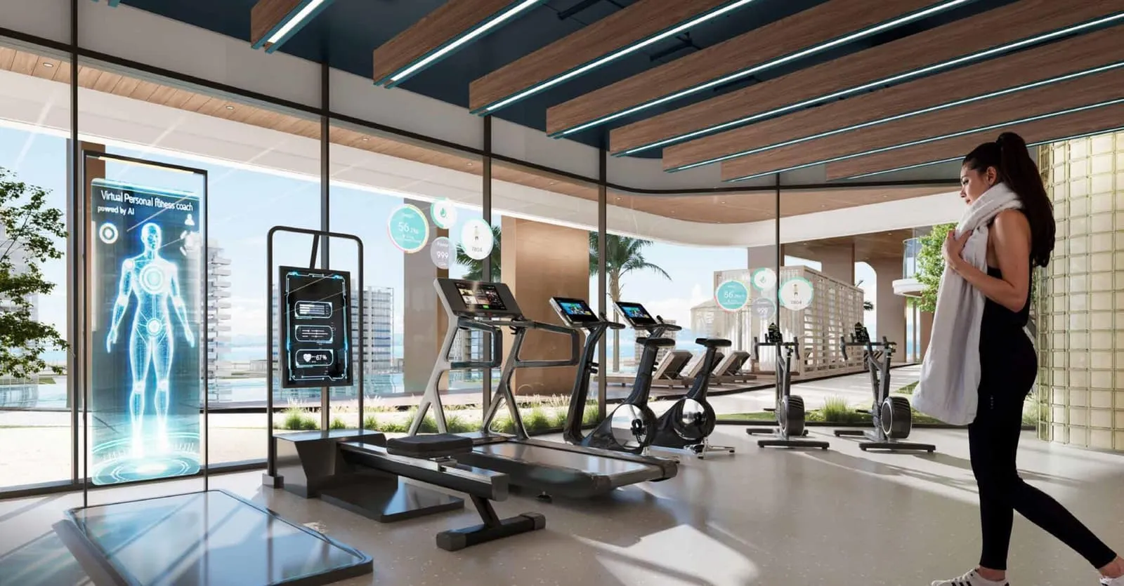 The gym with a holographic training screen, treadmills along the glazing and a woman at the weight rack