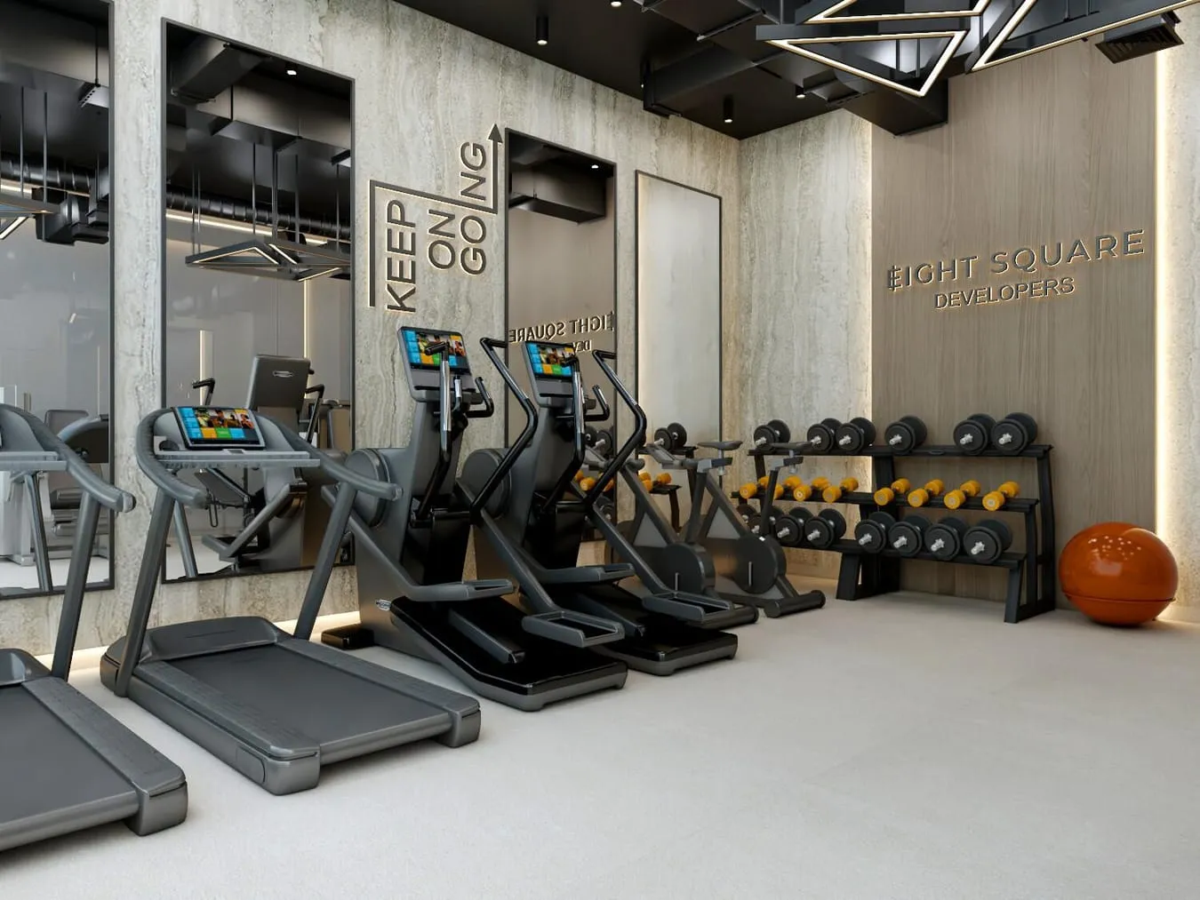 Fully equipped fitness studio with a row of cardio machines