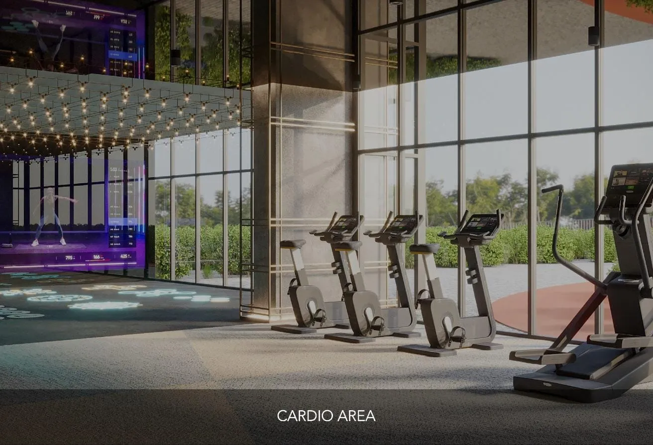 Render of the gym's cardio area, with machines facing tall windows