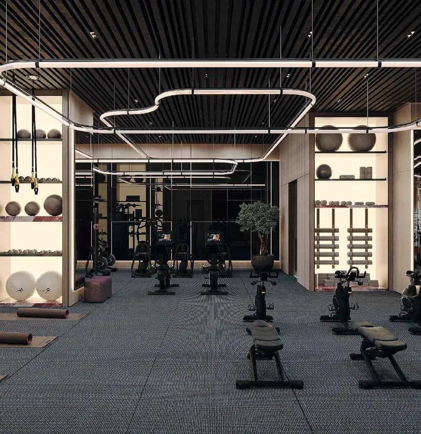 The gym, benches and racked free weights under a looping light fitting on a dark ceiling