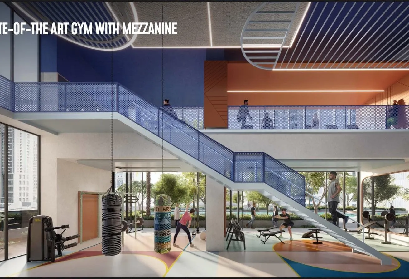 Render of the gym, with a staircase up to a mezzanine level and a punching bag