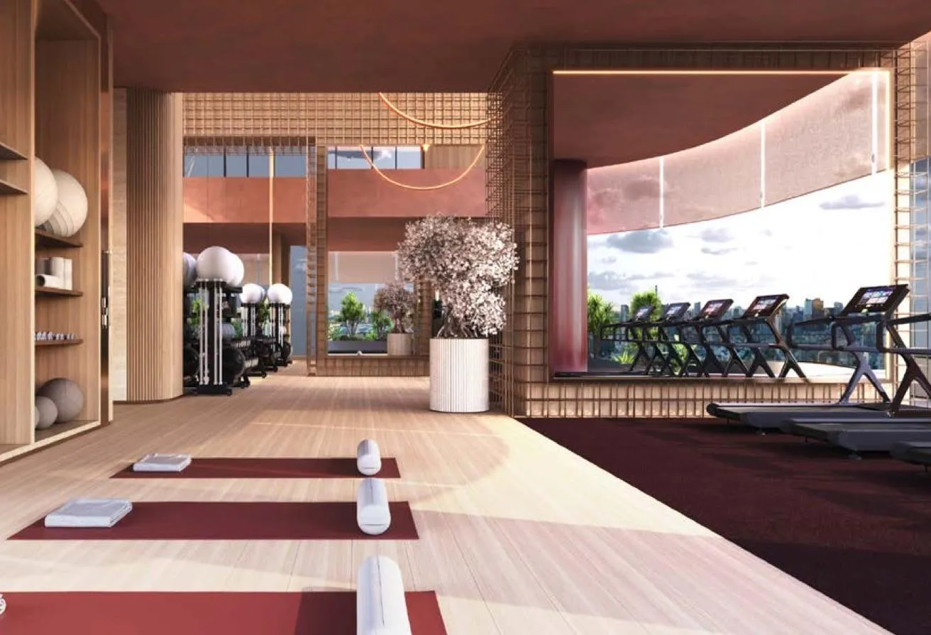 Render of a fitness studio with exercise mats and a window onto a terrace