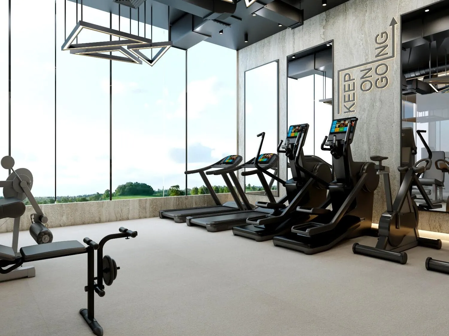 Sunlit gym with floor-to-ceiling windows and a full range of exercise equipment