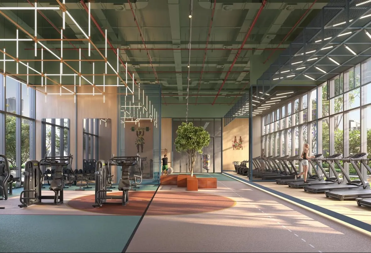 Render of the gym, with weight machines and a row of treadmills along the glass wall