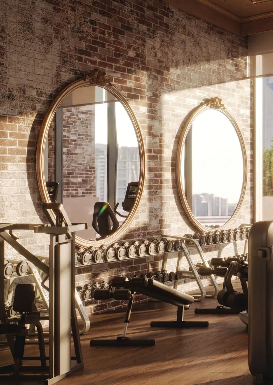 A gym along a brick wall, dumbbells racked beneath two oval gilt mirrors and benches on the timber floor