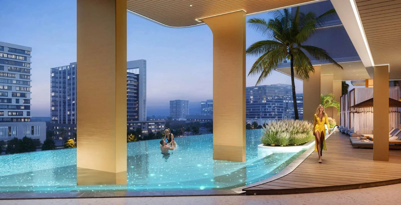 The raised pool between the podium columns, swimmers at its edge and the skyline beyond