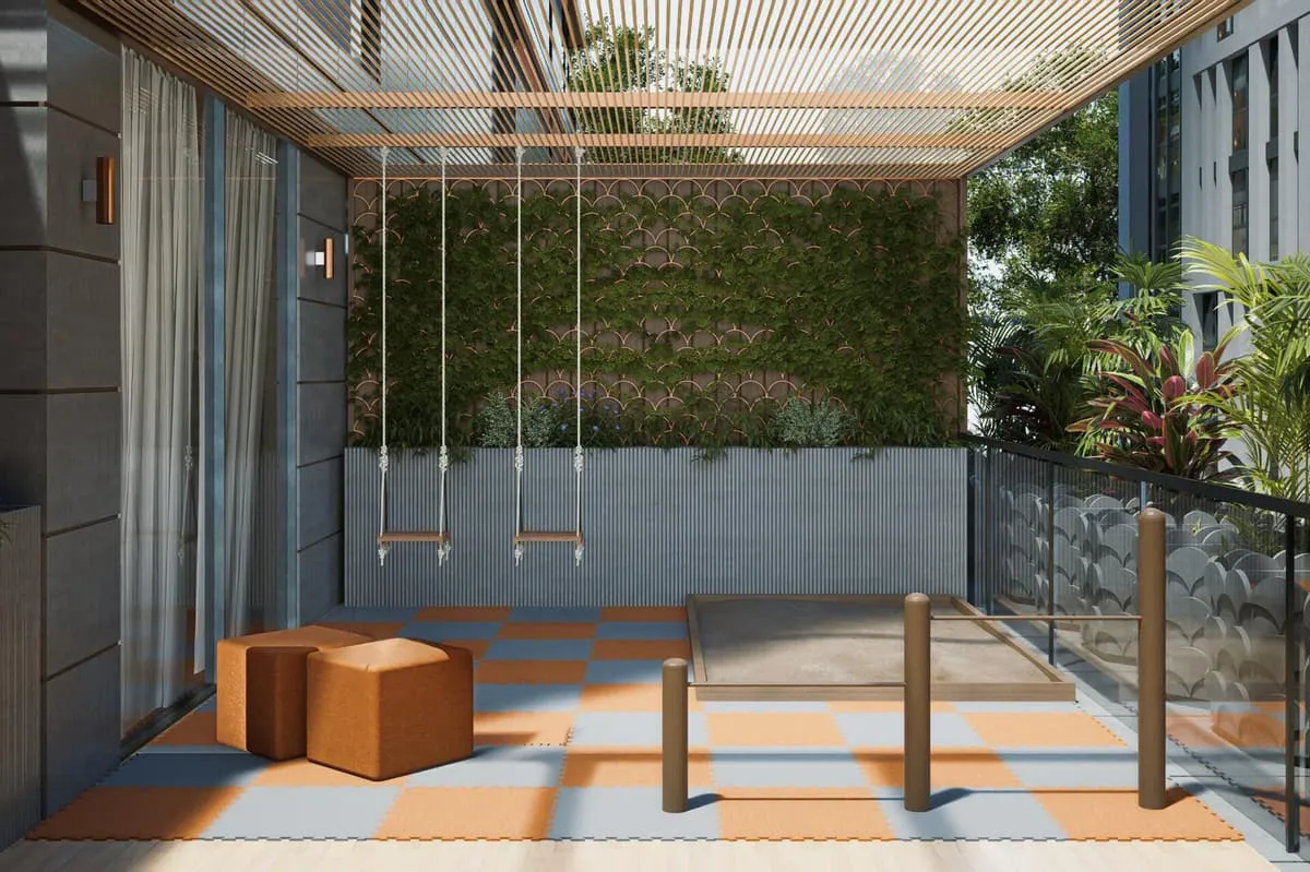A landscaped indoor courtyard with a hanging swing seat for children's play