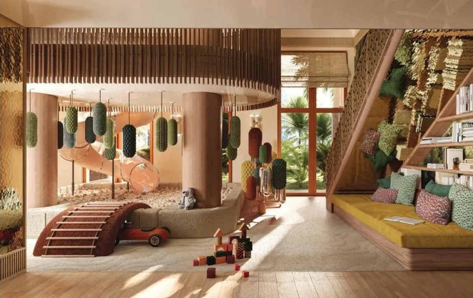 A children's play room, a low staircase and cushions on the floor under coloured pendants
