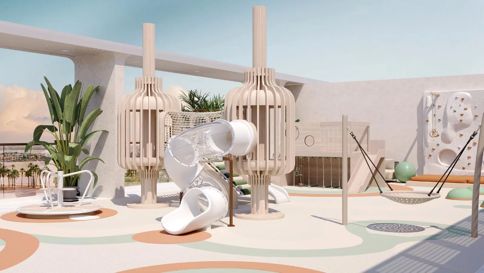 A rooftop children's playground with climbing frames set on soft safety flooring
