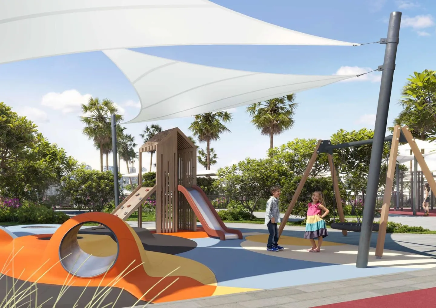 An outdoor playground under a canopy, climbing frames on soft surfacing