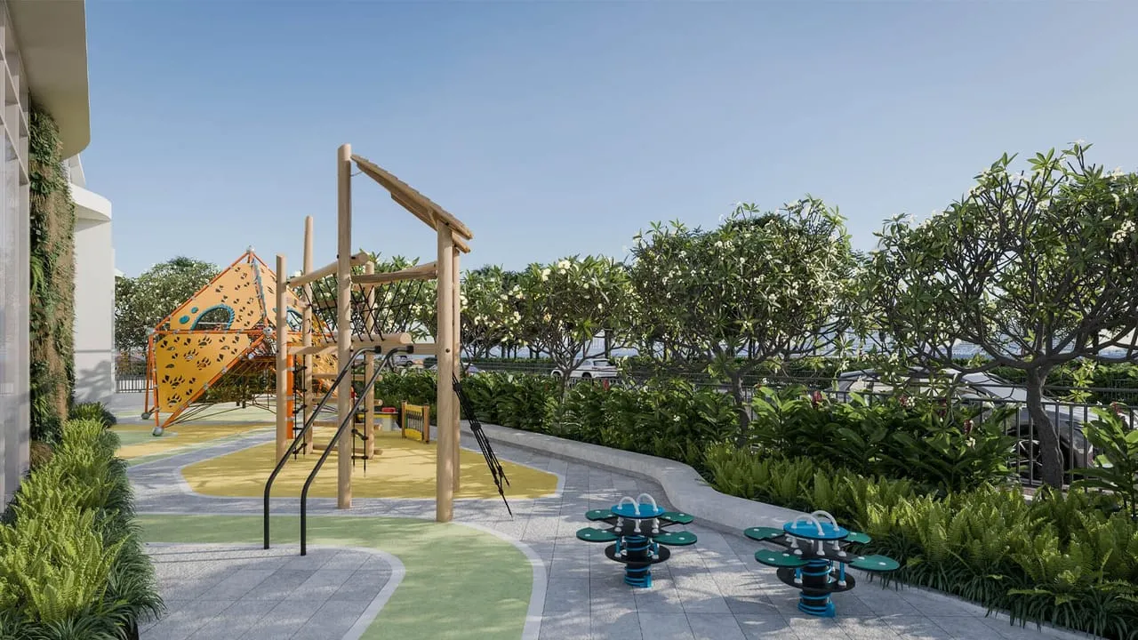 The children's playground among the trees, climbing frames on soft surfacing