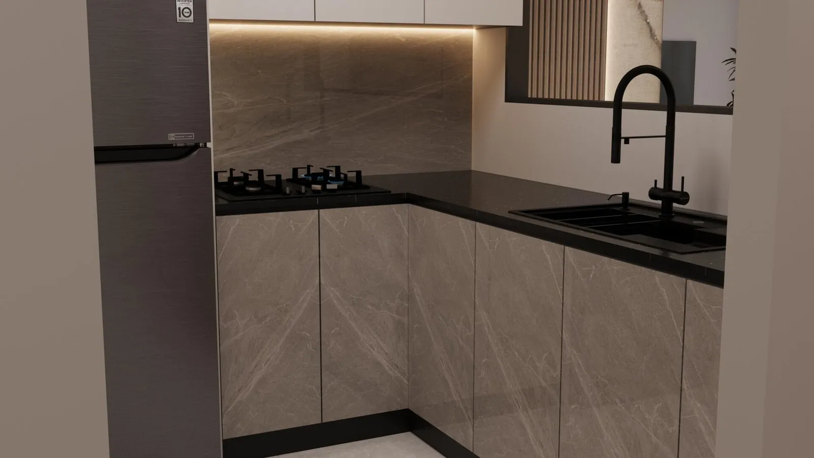 The kitchen corner, a black stone worktop and gooseneck tap wrapping to the hob, stone-patterned cabinet fronts below