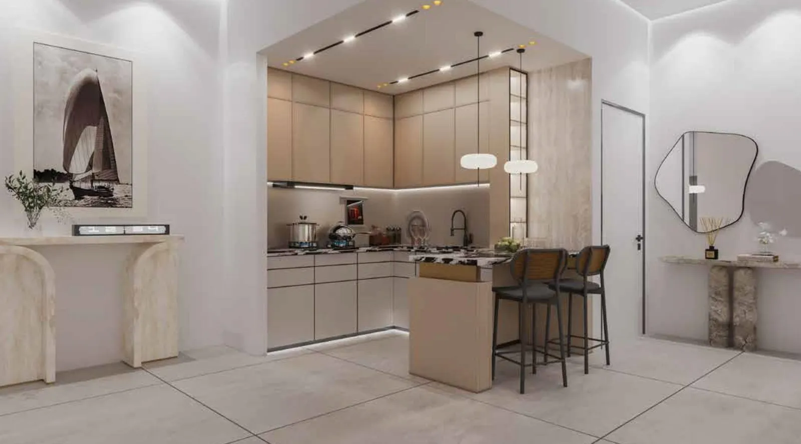 A kitchen with a breakfast bar and two stools, a console table and an arched mirror against the far wall