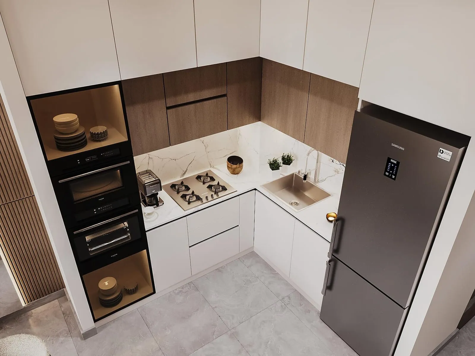 The kitchen corner, handleless fronts wrapping to a tall unit with a built-in oven