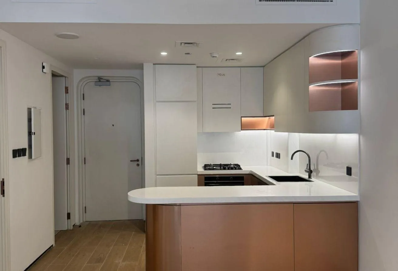 Photo of the kitchen's curved counter, with the entrance door beyond