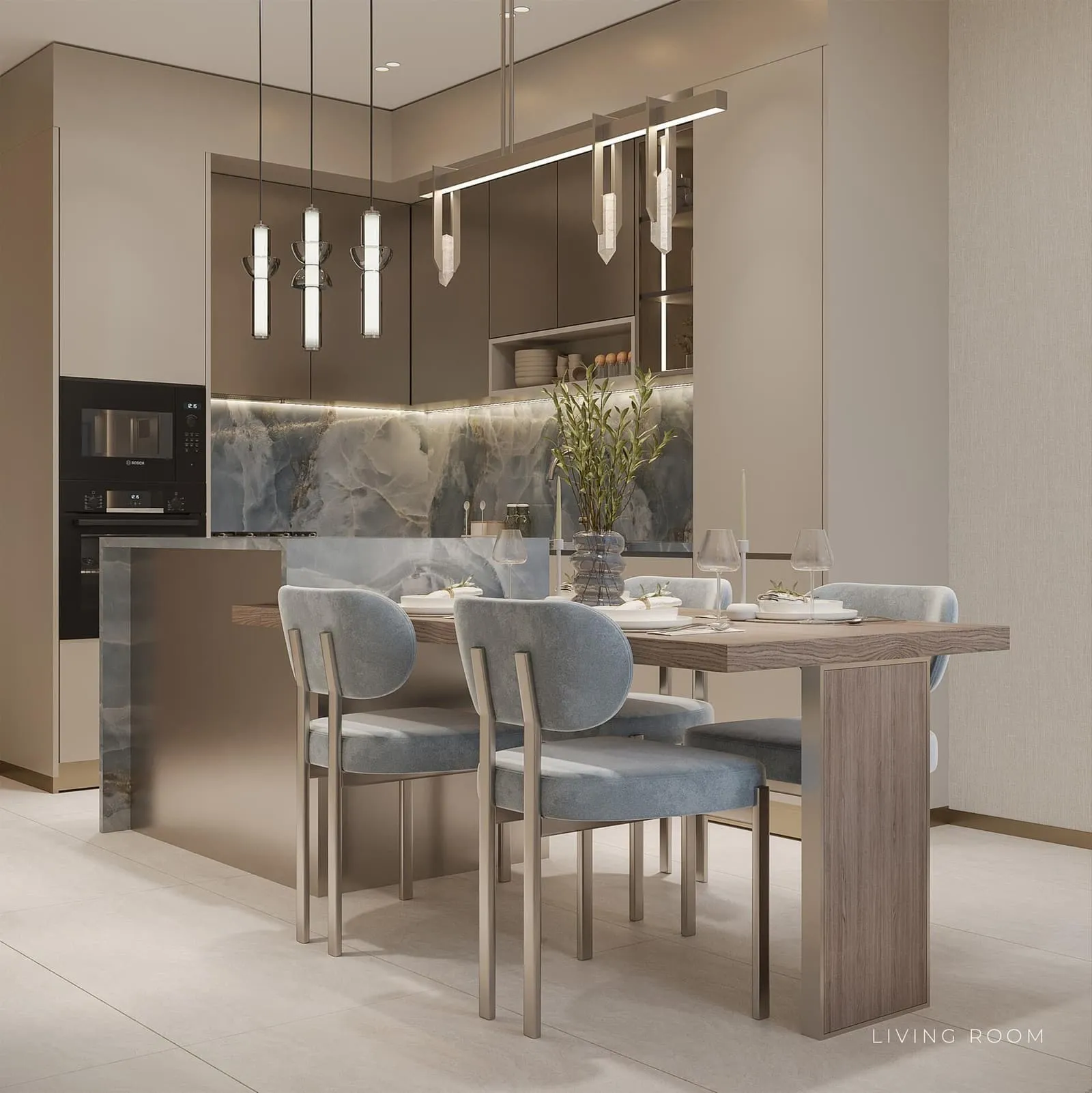Modern kitchen and dining area finishing example at Linea by Holm.
