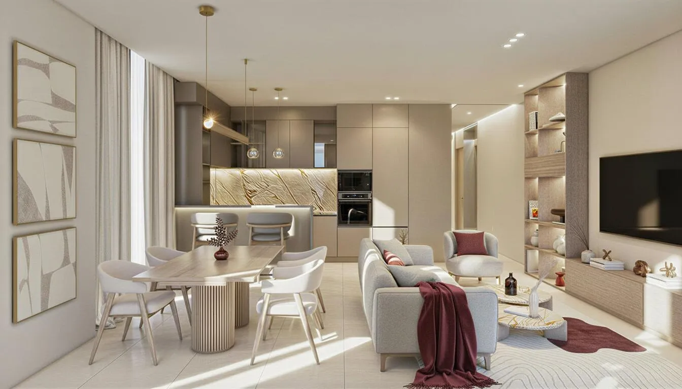 An open-plan kitchen, dining table and living area sharing one bright room