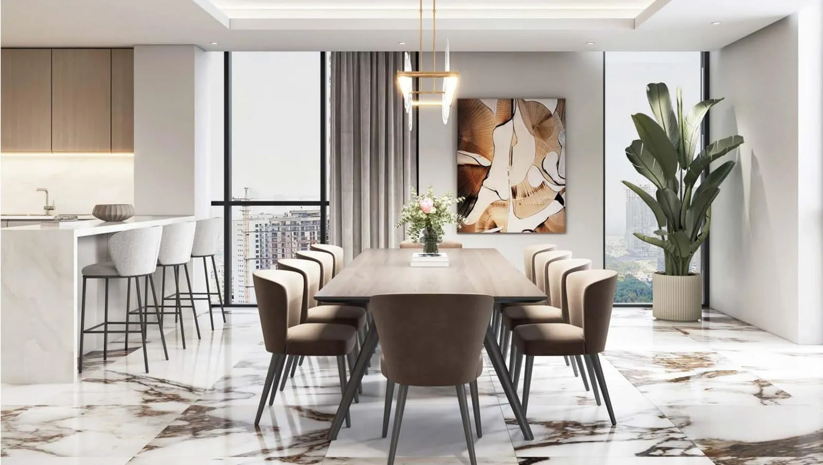 Open-plan kitchen and dining area with marble flooring and a bar-style counter