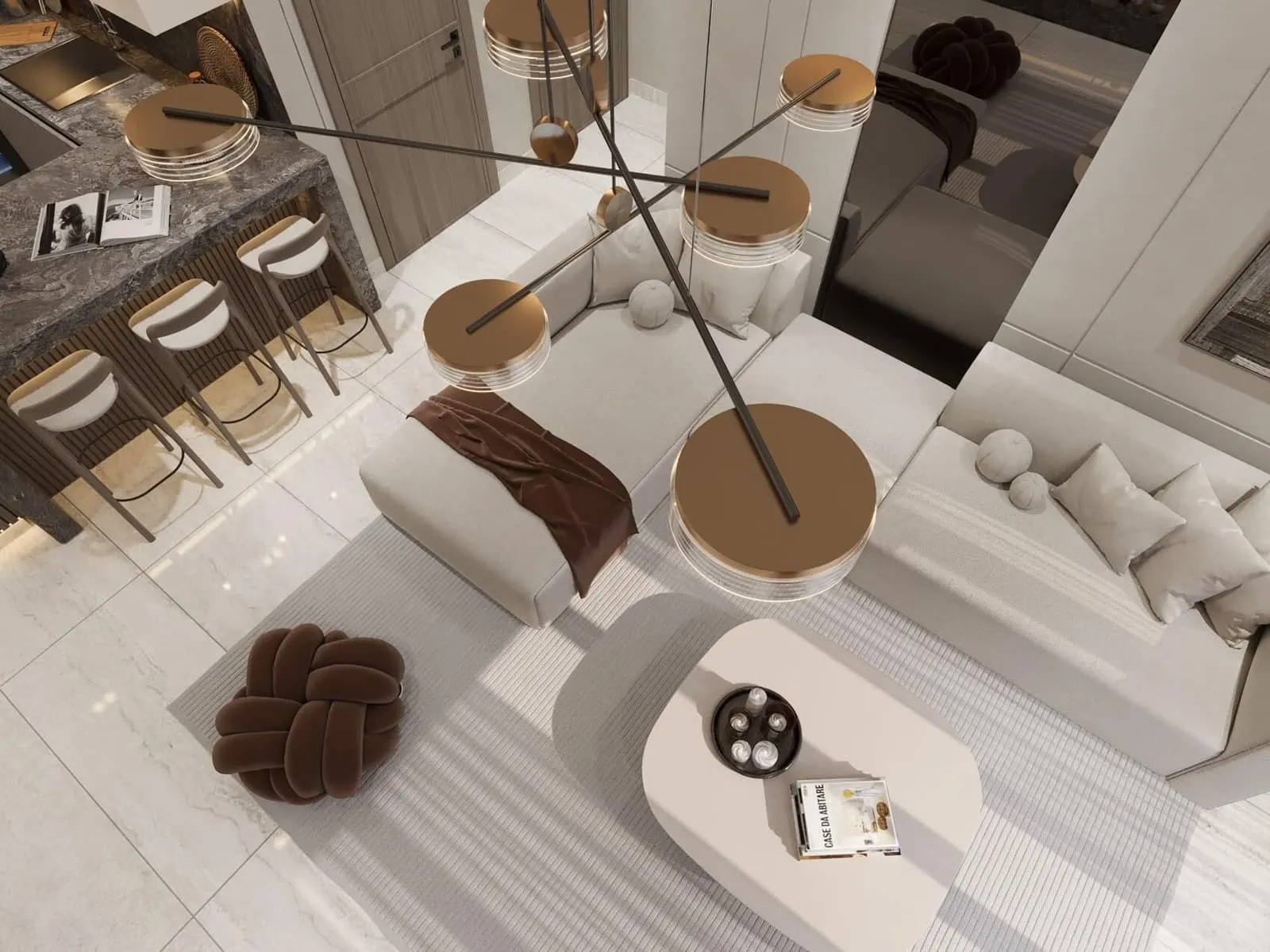 Open-plan kitchen and dining area with a central island and pendant lighting