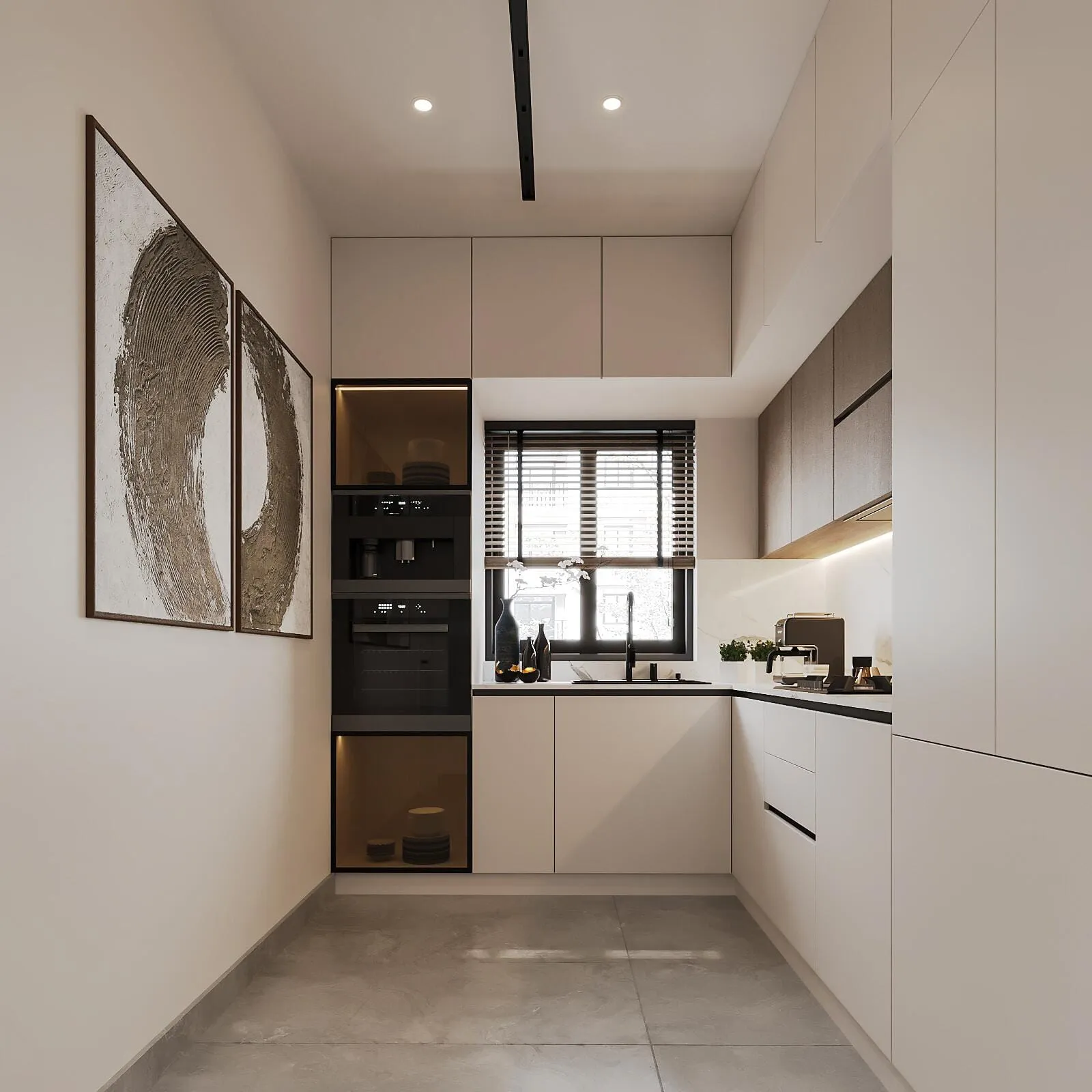A galley kitchen between two runs of cabinetry, a window at the far end